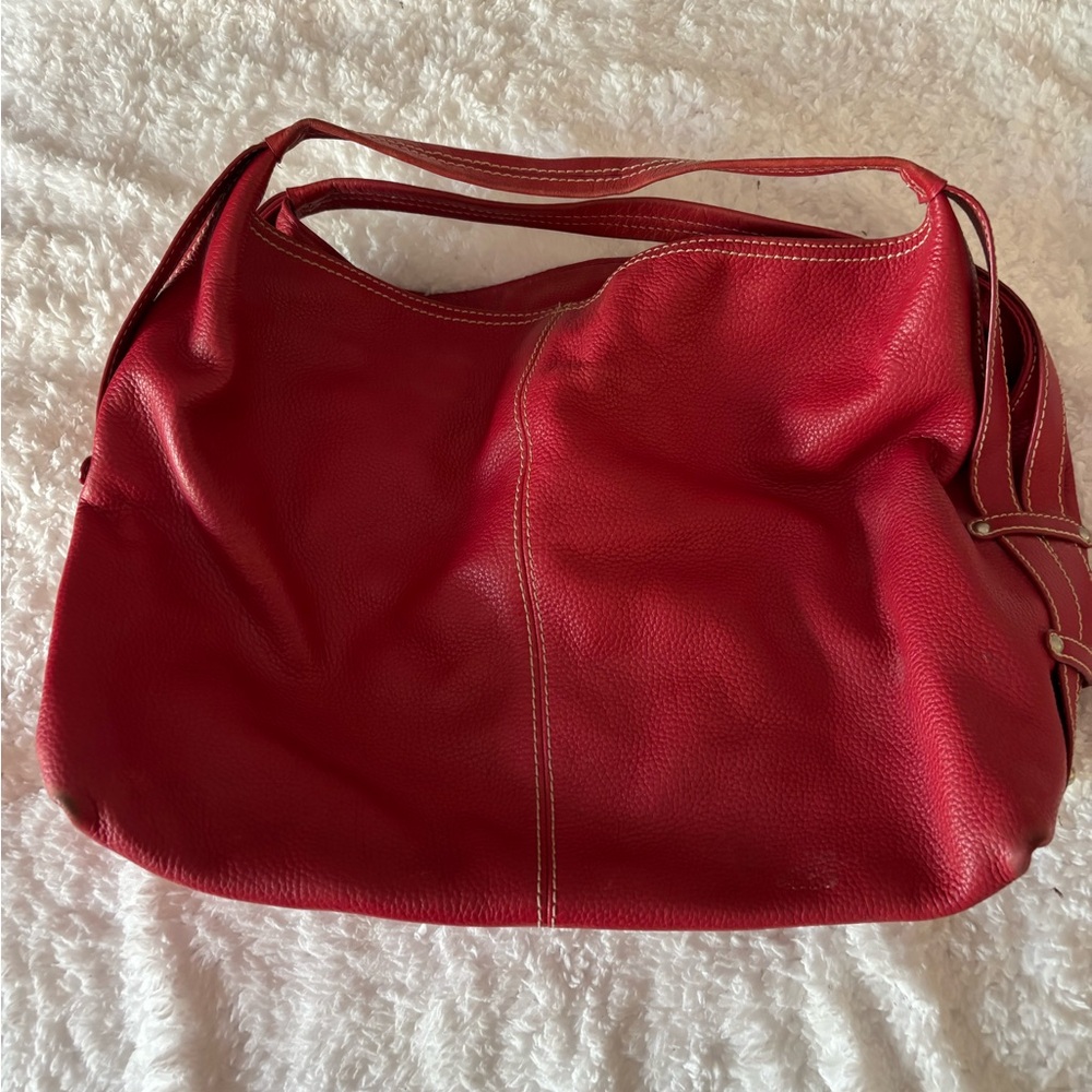Red leather handbag